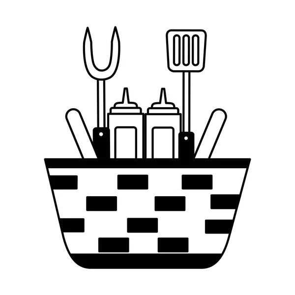 Wicker basket sauces and utensils barbecue — Stock Vector