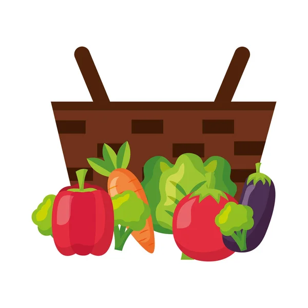 Wicker basket with eggplant pepper tomato and carrot — Stock Vector