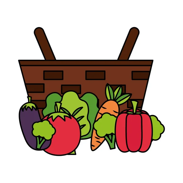 Cesta de mimbre con berenjena, pimiento, tomate y zanahoria — Vector de stock