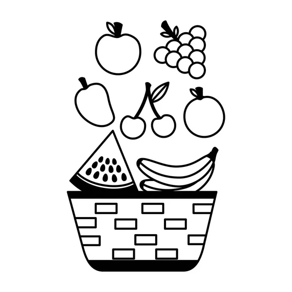 Canasta de mimbre con frutas uvas de manzana plátano y mango — Vector de stock