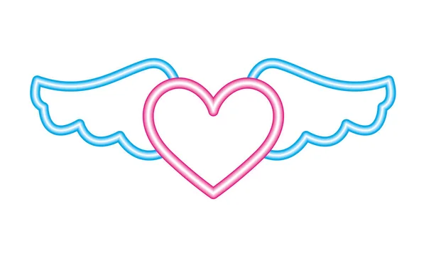Coração asas neon branco fundo — Vetor de Stock