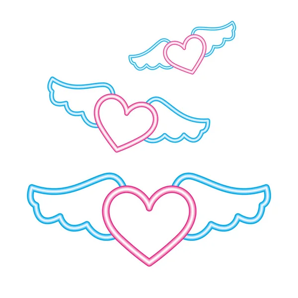 Neon light hearts with wings — Stock Vector