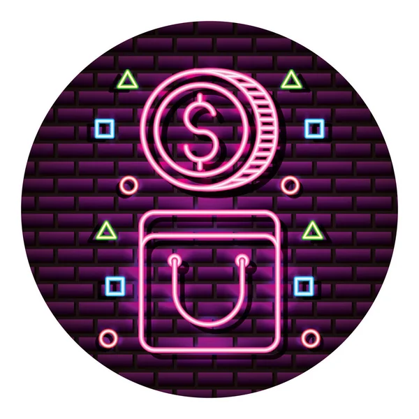 Shopping bag coin money neon wall — Stock Vector
