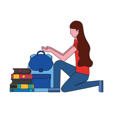 sırt çantası ve Kitaplar Okulu kadınla