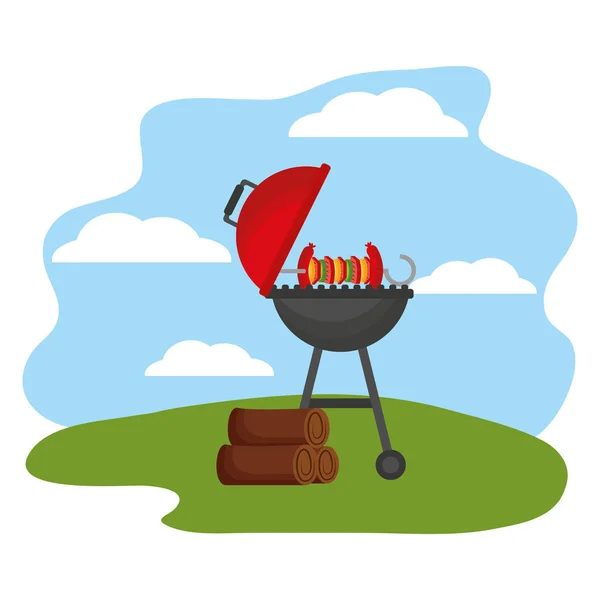 Parrilla barbacoa asado pincho y madera — Vector de stock