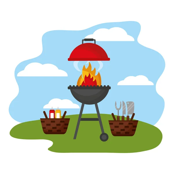 Wicker Baskets Barbecue Picnic Utensils Sauces Vector Illustration — Stock Vector