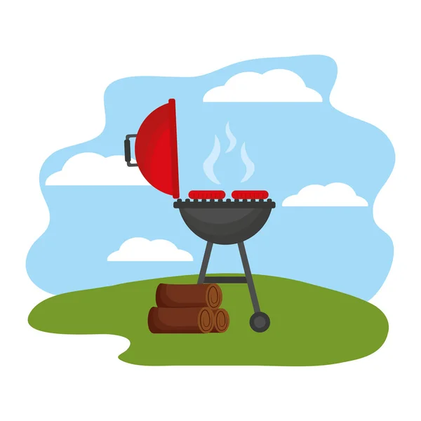 Barbecue con salsicce e legno — Vettoriale Stock