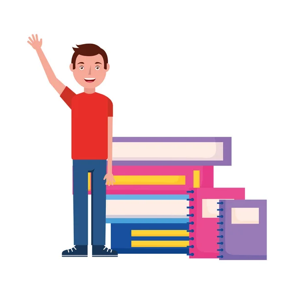 Student man hand up with books — Stock Vector