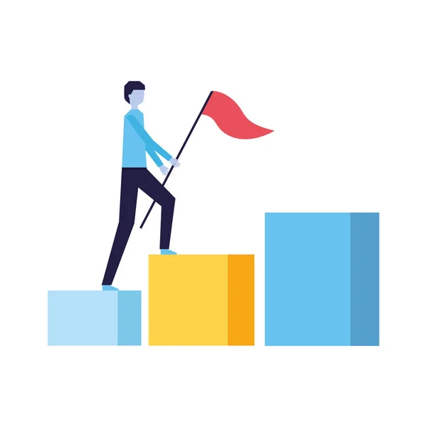 Barra de gráfico de escalada homem de negócios com bandeira —  Vetores de Stock
