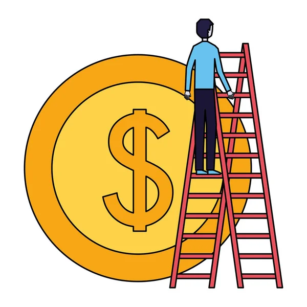 Businessman climbing stairs and coin money — Stock Vector