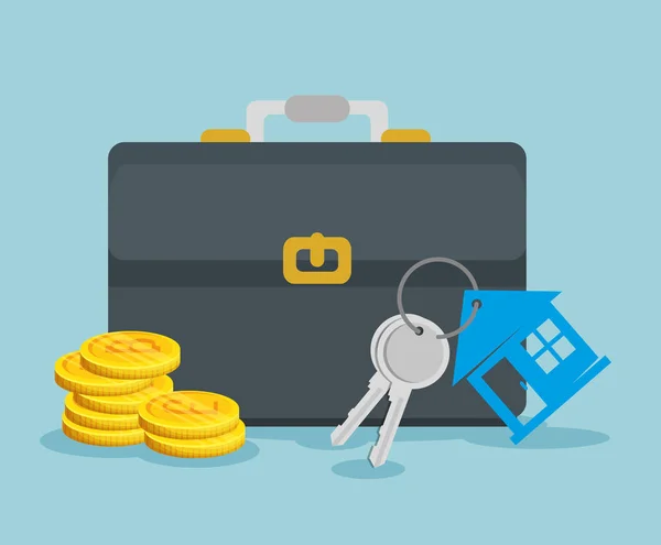 Monnaie virtuelle Bitcoin avec mallette et clés de maison — Image vectorielle