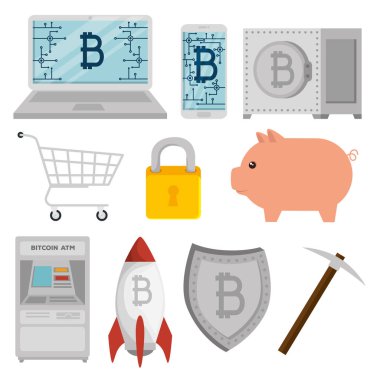 Bitcoin para birimi ile atm ve domuz kalkanı vektör çizim ile ayarla