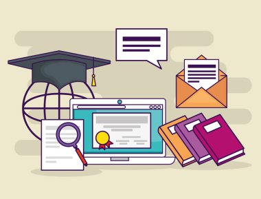 Laptop ile eğitim belge ve kitapları ile mektup