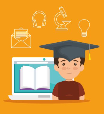 dizüstü bilgisayar ve dijital kitap kapağı mezuniyet giyen çocuk