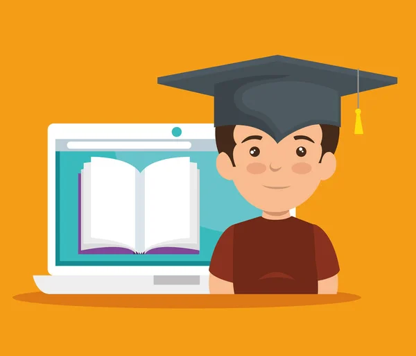 Jongen draagt GLB afstuderen met e-learning boek — Stockvector