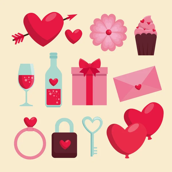 Set feliz día de San Valentín celebración con decoración — Archivo Imágenes Vectoriales