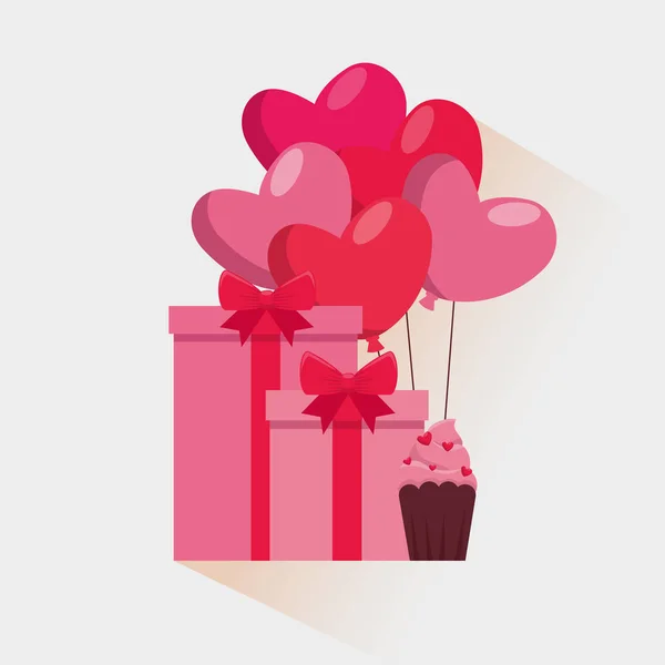 Presente valentine presente com balões de corações e muffin — Vetor de Stock