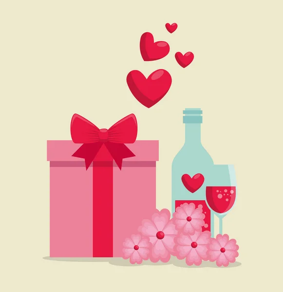 Valentine närvarande gåva och love potion med blommor — Stock vektor