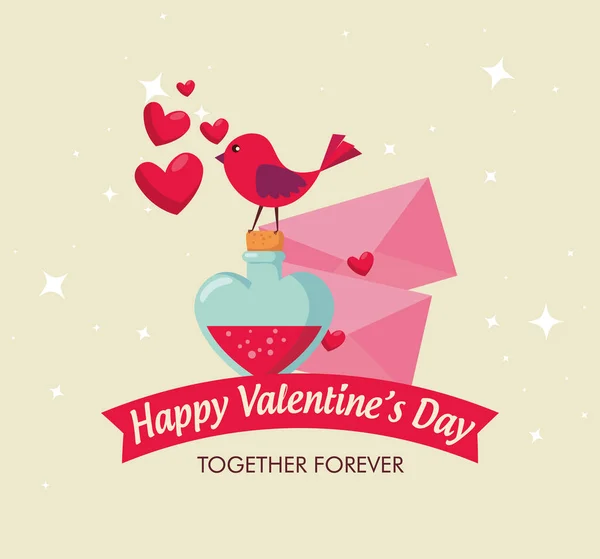 Uccello con carte di San Valentino e pozione d'amore — Vettoriale Stock