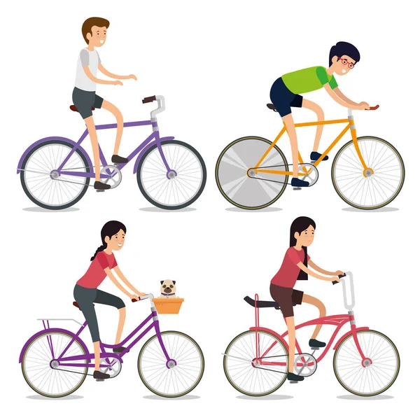セットの女性と男性に乗る自転車スポーツ — ストックベクタ