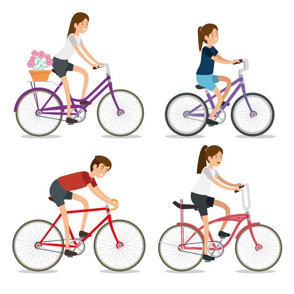 Definir mulheres e homem andar de bicicleta esporte — Vetor de Stock