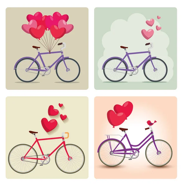 Set bicycle transport with hearts balloons decoration — Stock Vector