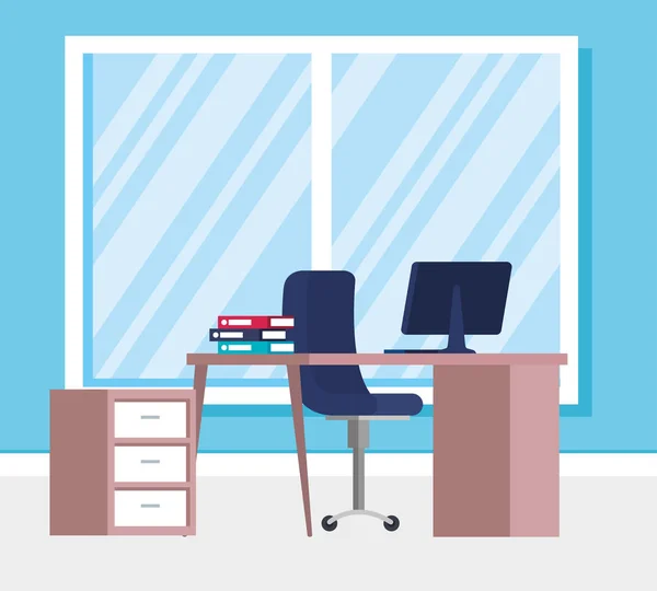 Oficina lugar de trabajo con escritorio y escena de escritorio — Vector de stock