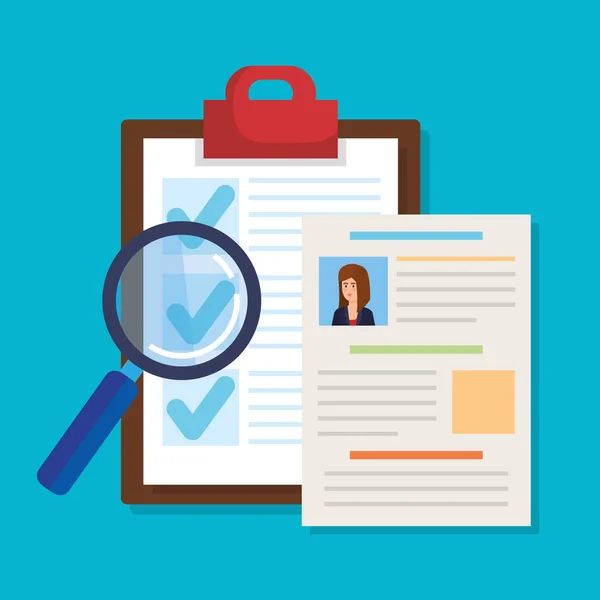 Curriculum vitae com checklist e lupa — Vetor de Stock