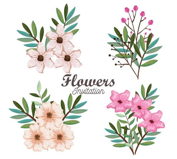 Σύνολο όμορφα λουλούδια και φύλλα προσκλητηρίου — Διανυσματικό Αρχείο