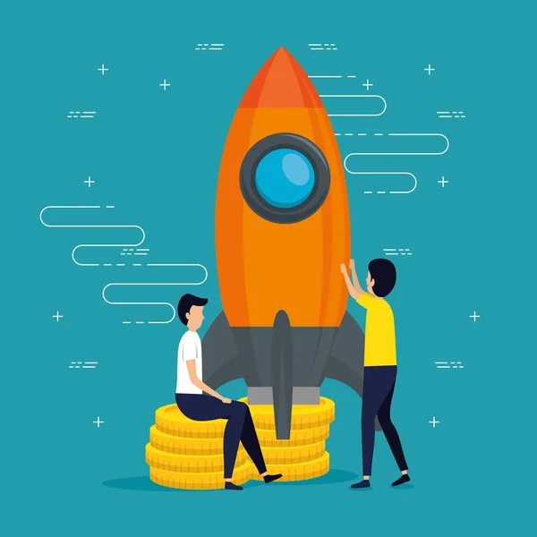 Men teamwork business with rocket app — Stock Vector