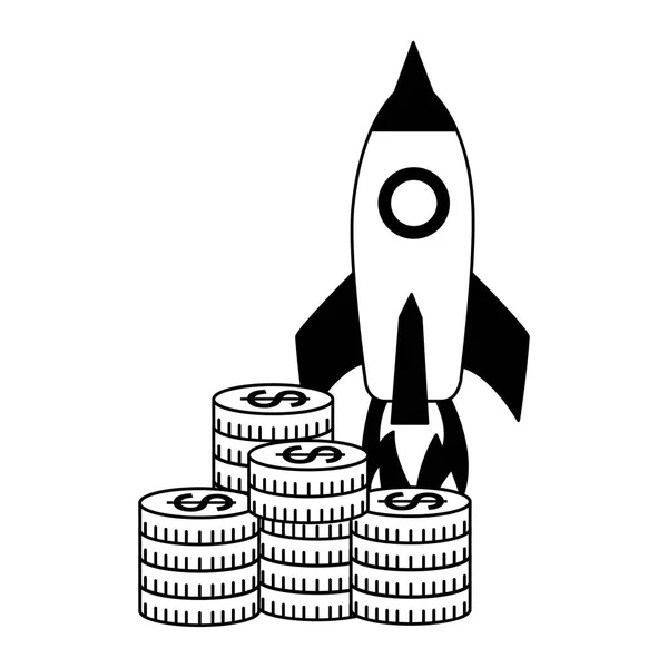 Negocio cohete pila monedas dinero — Vector de stock