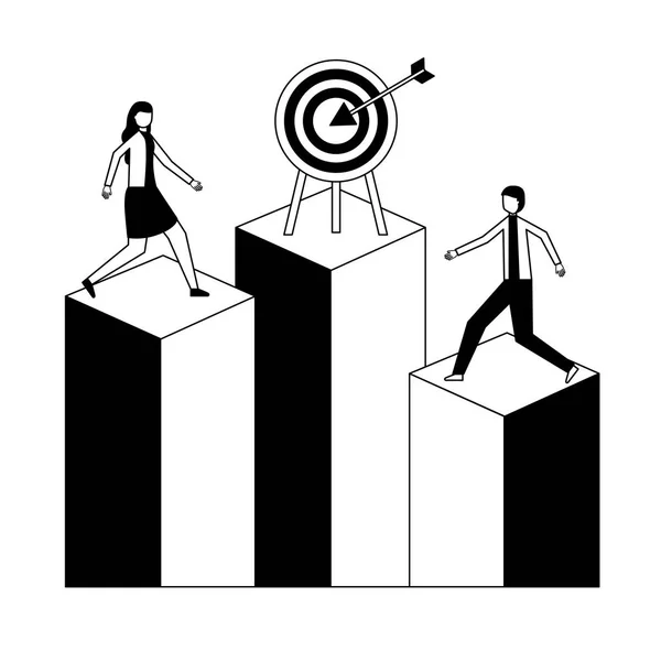 Business man and woman target chart bar — стоковый вектор