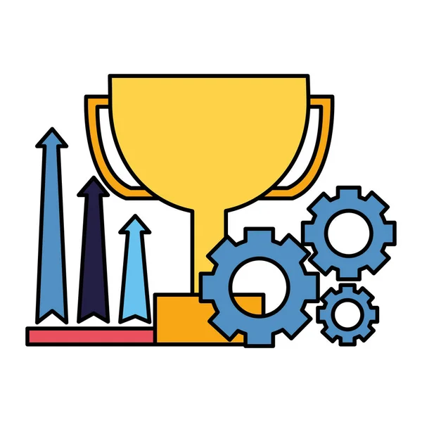 Setas de crescimento de troféu de negócios e engrenagens — Vetor de Stock