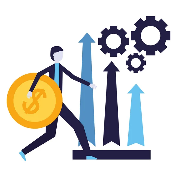 Geschäftsmann mit Münzpfeilen und Zahnrädern — Stockvektor