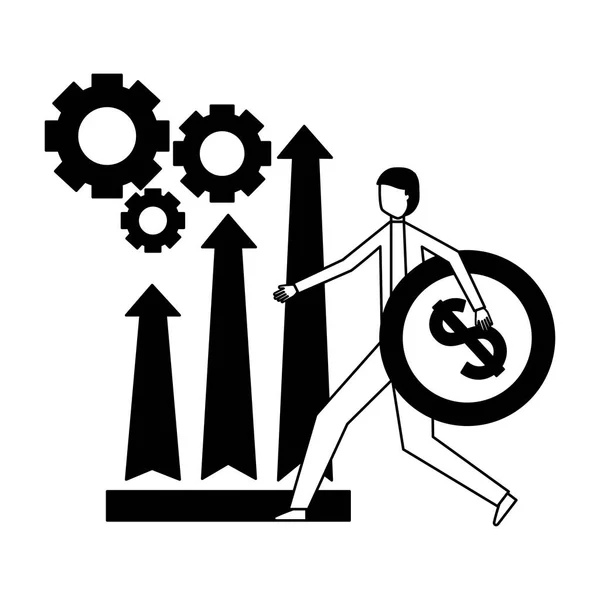 Empresário segurando flechas moeda e engrenagens — Vetor de Stock