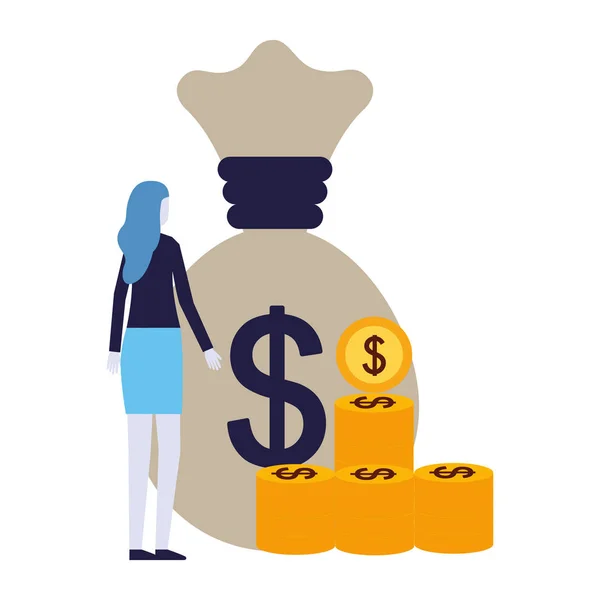 Biznes kobieta worek monet pieniędzy — Wektor stockowy