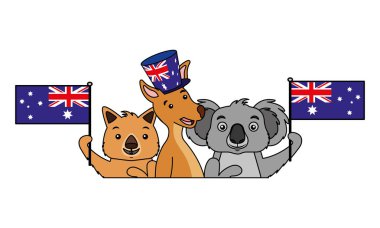 Kanguru koala ve şapka Avustralya bayrağı ile wombat