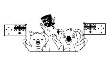 Kanguru koala ve şapka Avustralya bayrağı ile wombat