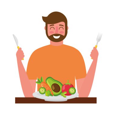 taze sebze ve çatal bıçak ile sakallı adam