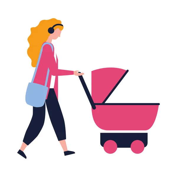 Mujer caminando con cochecito de bebé — Vector de stock
