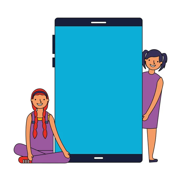 Unga flickor med smartphone-enhet — Stock vektor