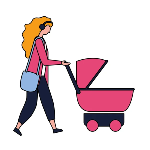Woman walking with baby pram — Stock Vector