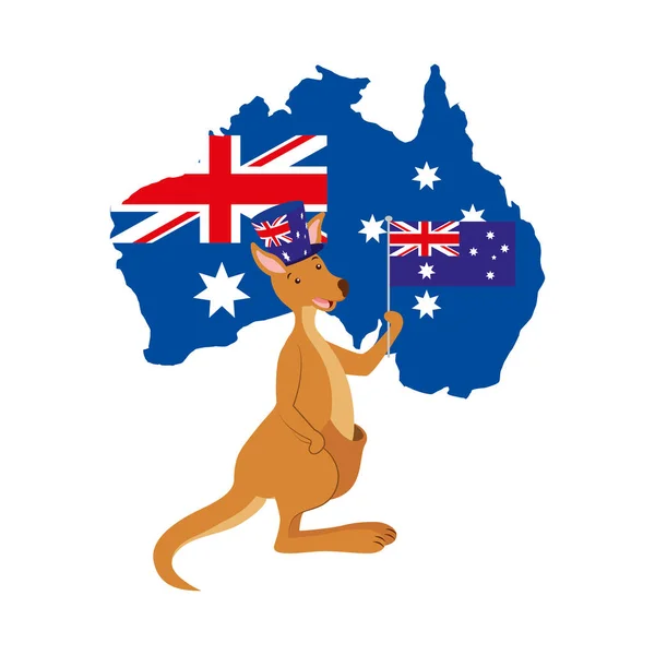 Känguru med hatt australiska flaggan karta — Stock vektor
