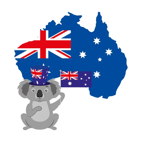 Koala med hatt australiska flaggan karta — Stock vektor