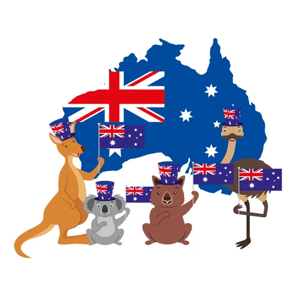 Kenguru koala wombat és emu ausztrál zászló Térkép — Stock Vector