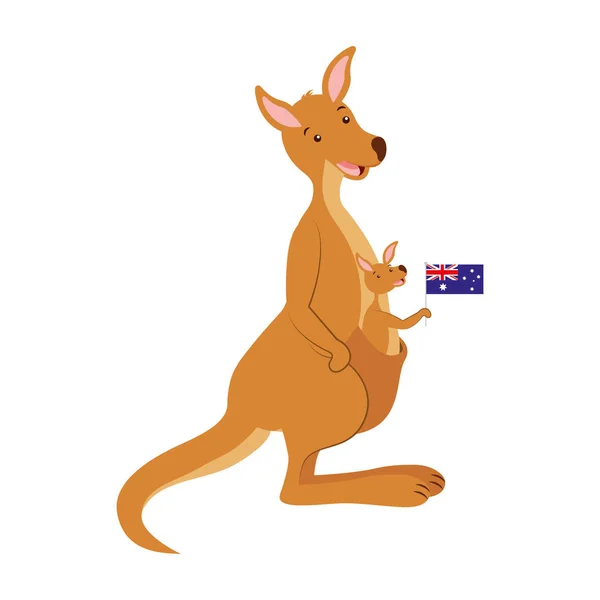 Canguru e bebê com bandeira australiana —  Vetores de Stock