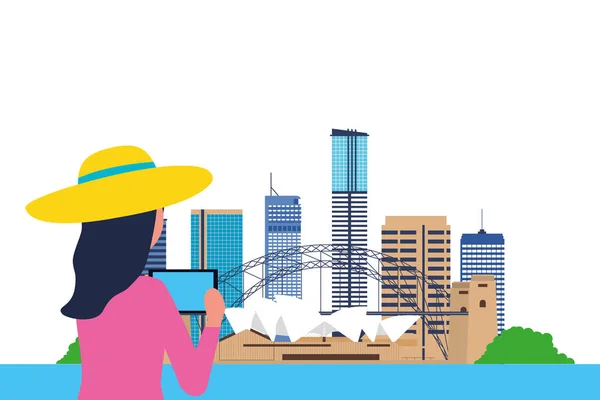 Woman taking photo sydney city — Stock Vector