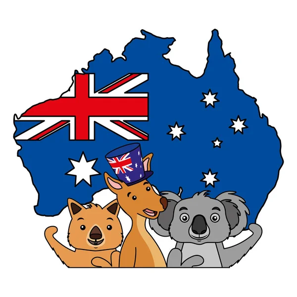 Kangaroo koala wombat e emu mapa da bandeira australiana —  Vetores de Stock