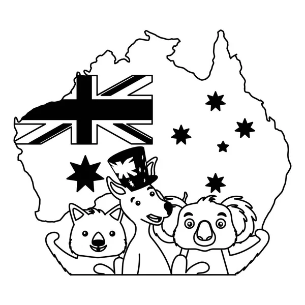 Kangoeroe koala wombat en emu Australische vlag kaart — Stockvector