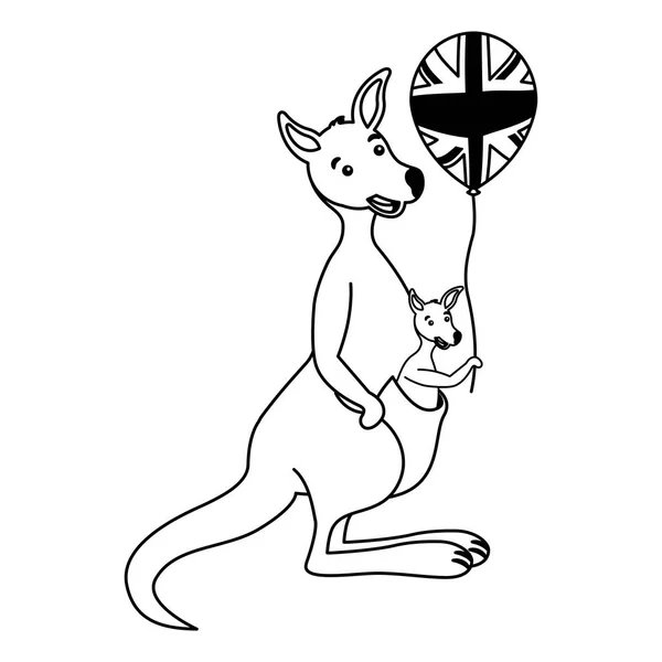 Kangarro dan bayi dengan bendera australia - Stok Vektor